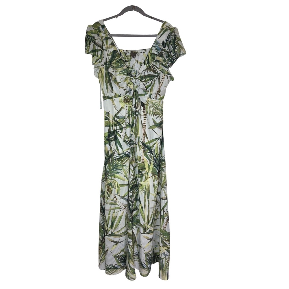 Taylor V-Neck Short-Ruffle-Sleeve Tropical Green & White Maxi Dress 16